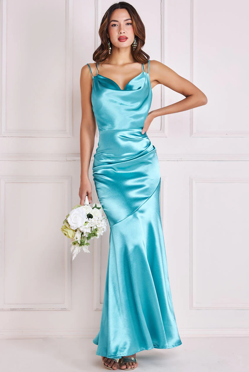 Light blue double strap satin long dress