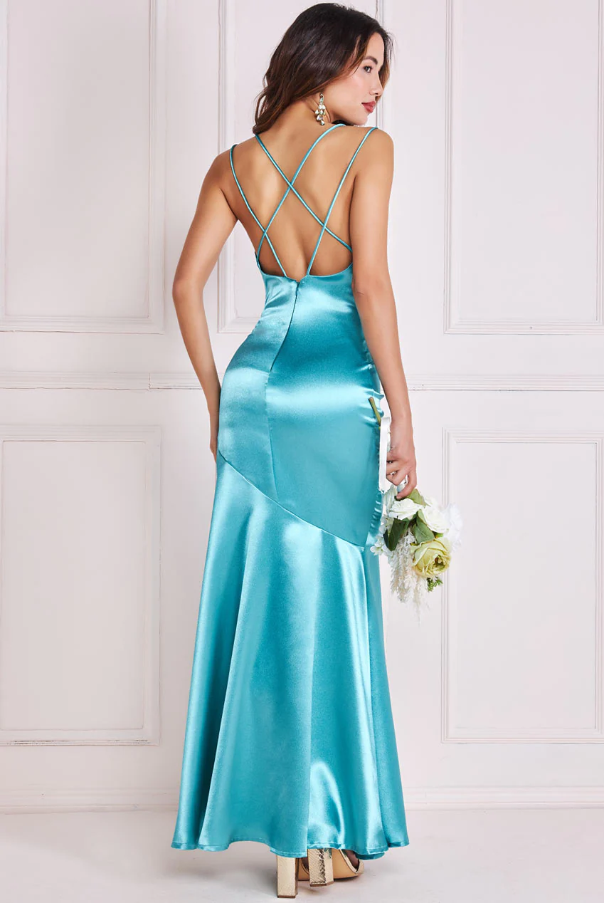 Light blue double strap satin long dress