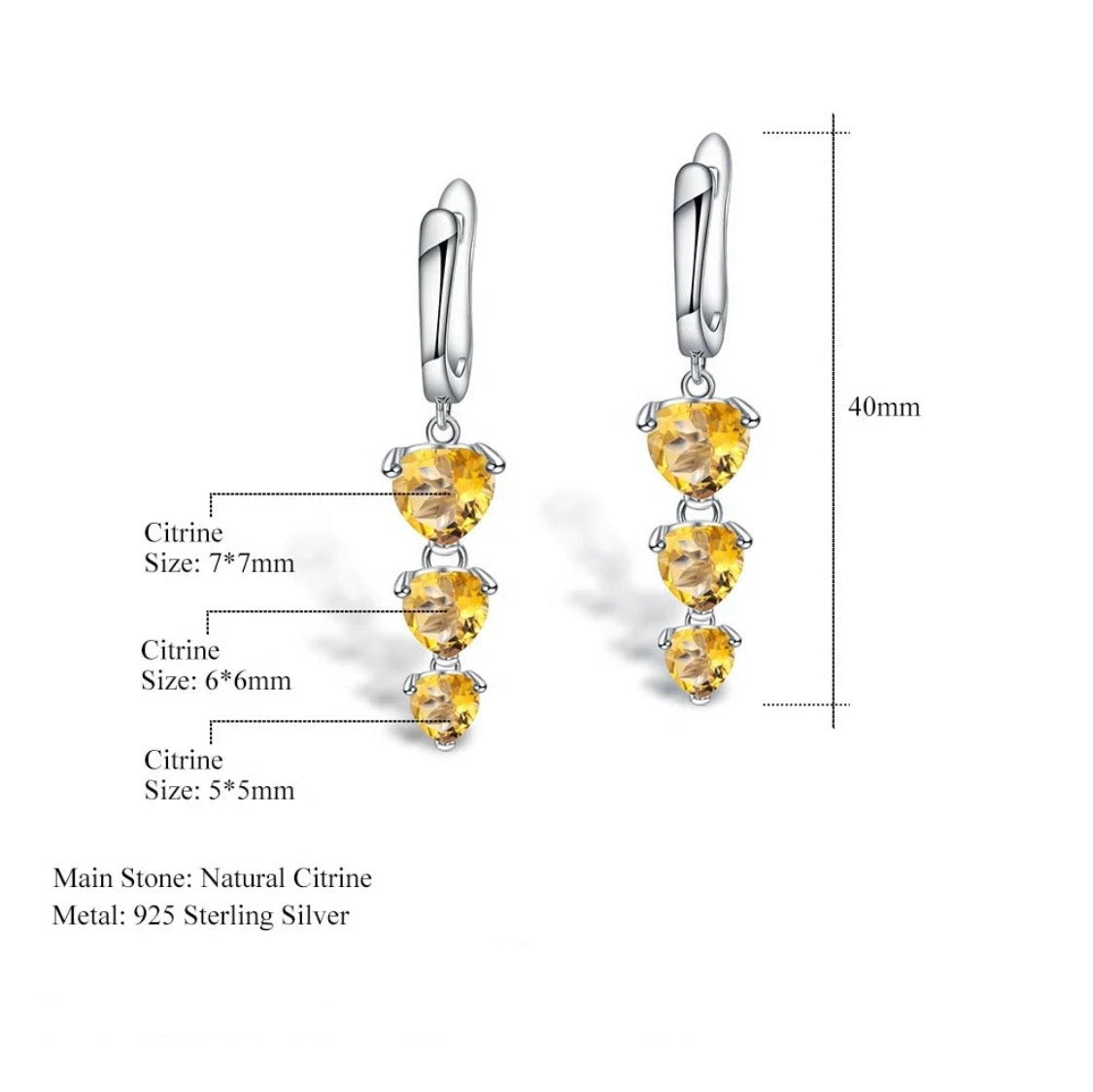 Citrine 3-row heart earrings