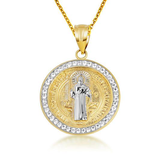 Two-Tone Gold Saint Benedict Cubic Zirconia Halo Medallion Pendant Necklace