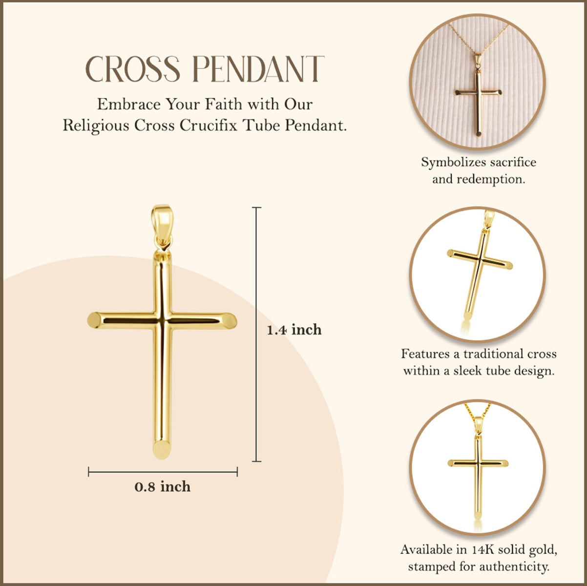 14K Gold Religious Cross Crucifix Tube Pendant Necklace