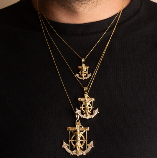 Two-Tone Gold Studded Mariner Cross Crucifix Anchor Jesus Christ Pendant Necklace