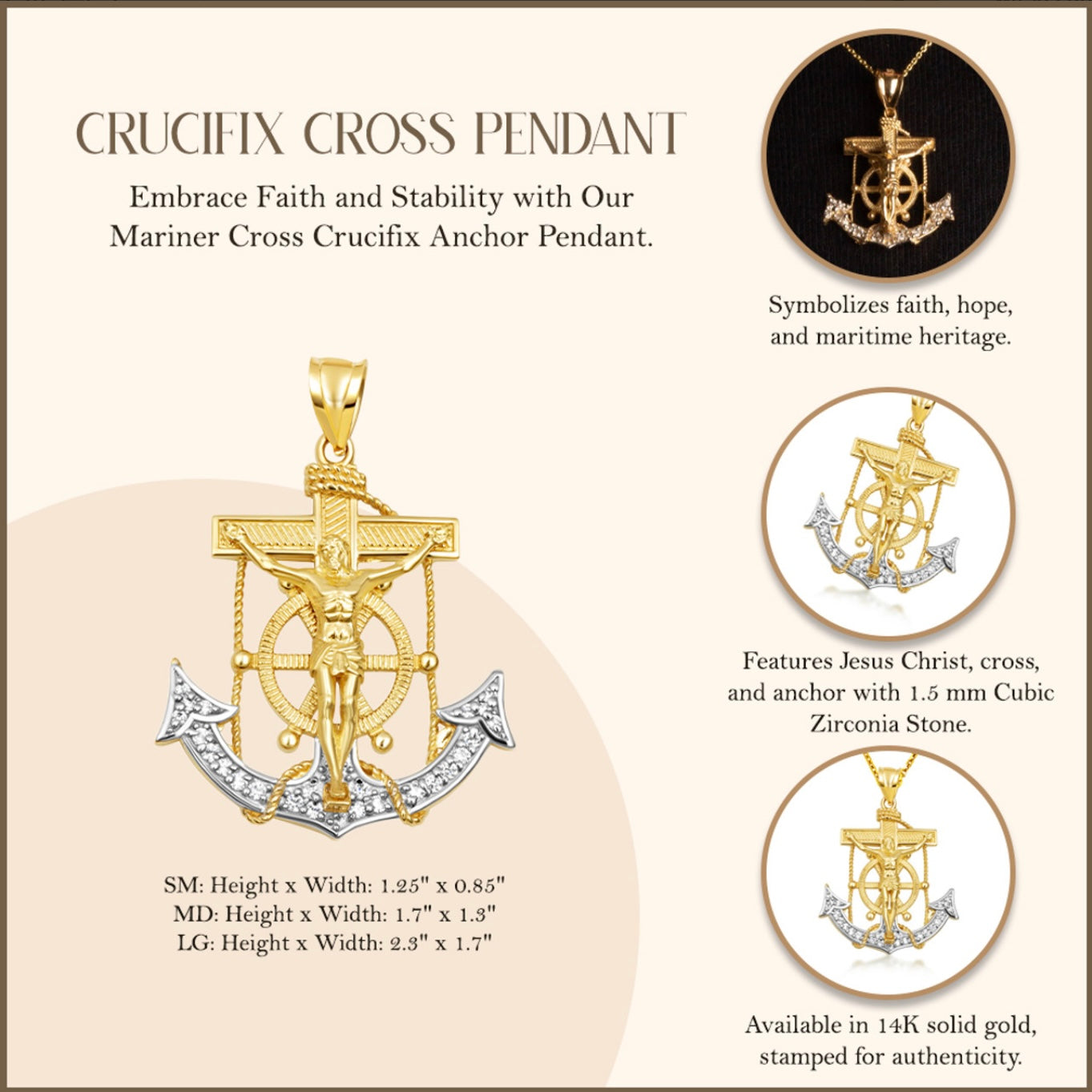 Two-Tone Gold Studded Mariner Cross Crucifix Anchor Jesus Christ Pendant Necklace