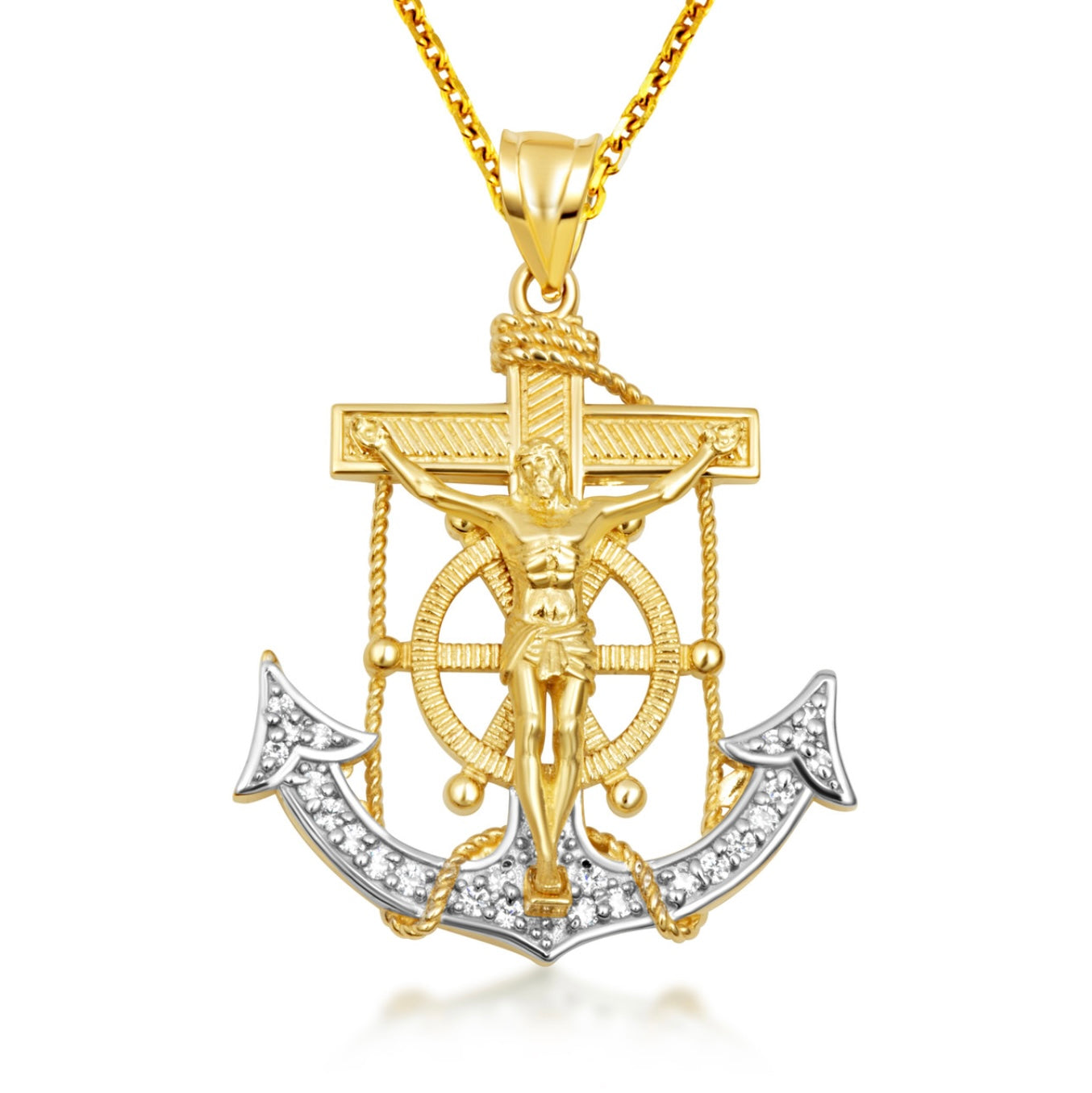 Two-Tone Gold Studded Mariner Cross Crucifix Anchor Jesus Christ Pendant Necklace