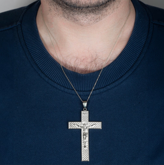 925 Sterling Silver INRI Checkered Cross Crucifix Jesus Christ Pendant Necklace