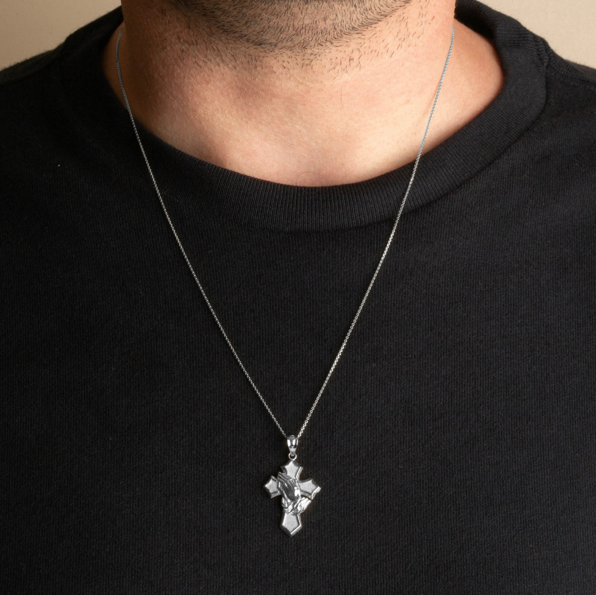 925 Sterling Silver Praying Hands Cross Pendant Necklace