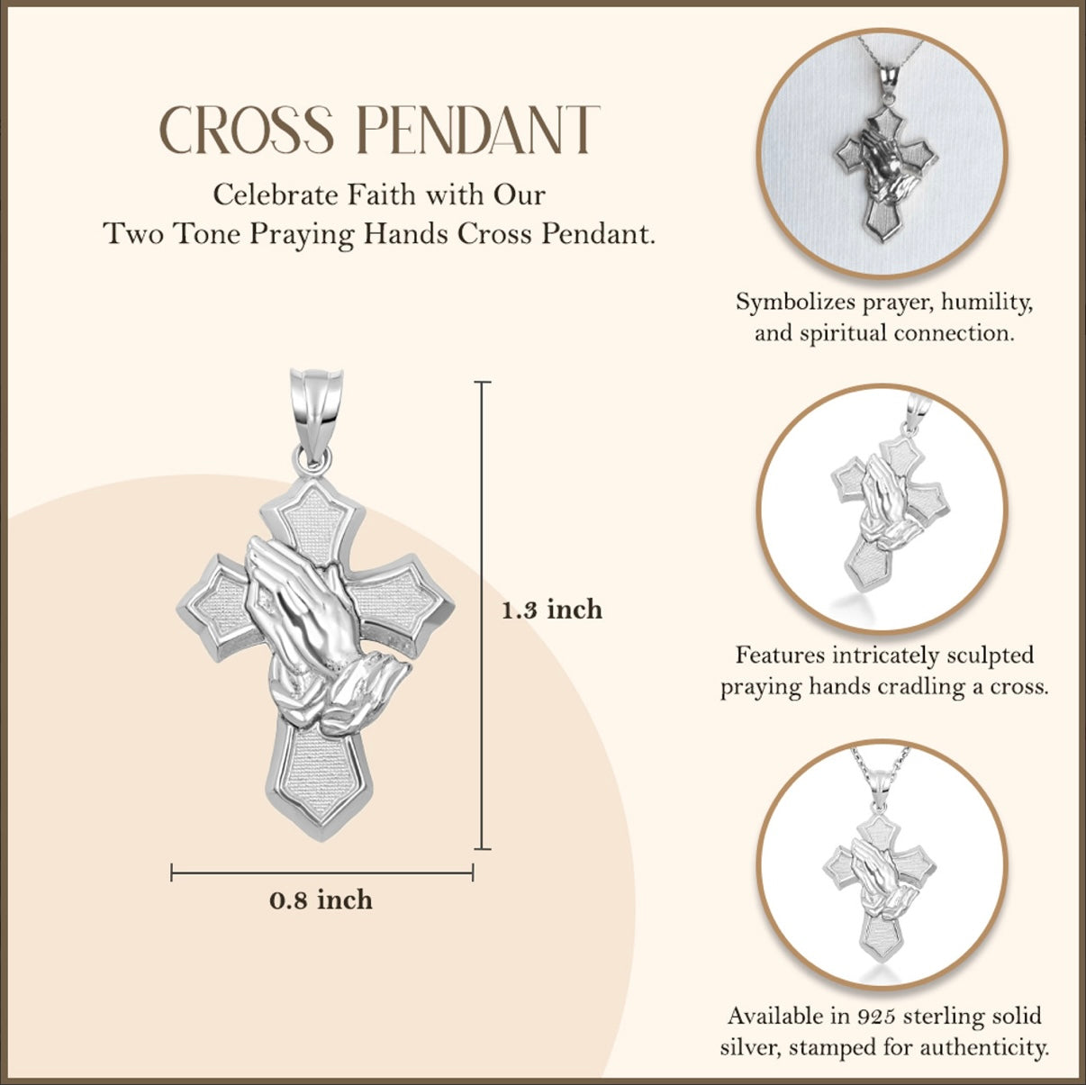 925 Sterling Silver Praying Hands Cross Pendant Necklace