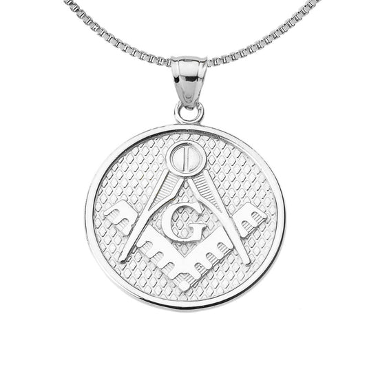 925 Sterling Silver Freemason Square & Compass Round Medallion Pendant Necklace