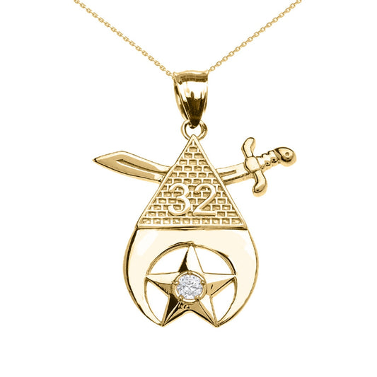 Yellow Gold Freemason Shriners 32nd Degree Diamond Star Eye Of Providence Pendant Necklace