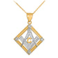 Two-Tone Gold Freemason CZ Square & Compass Diamond Shaped Pendant Necklace