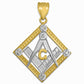 Two-Tone Gold Freemason CZ Square & Compass Diamond Shaped Pendant Necklace