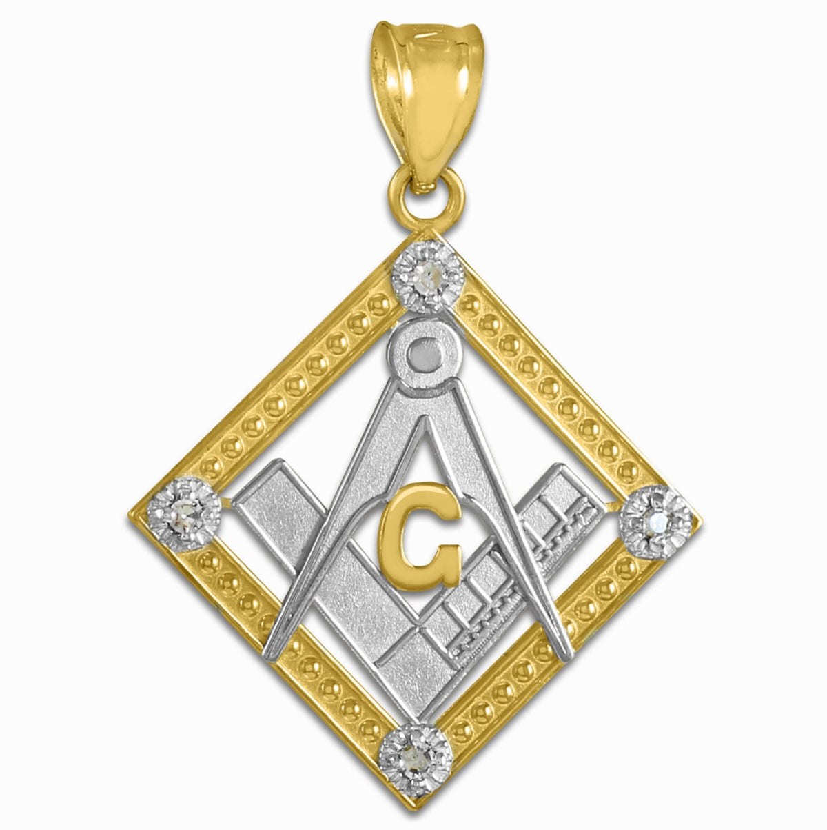 Two-Tone Gold Freemason CZ Square & Compass Diamond Shaped Pendant Necklace