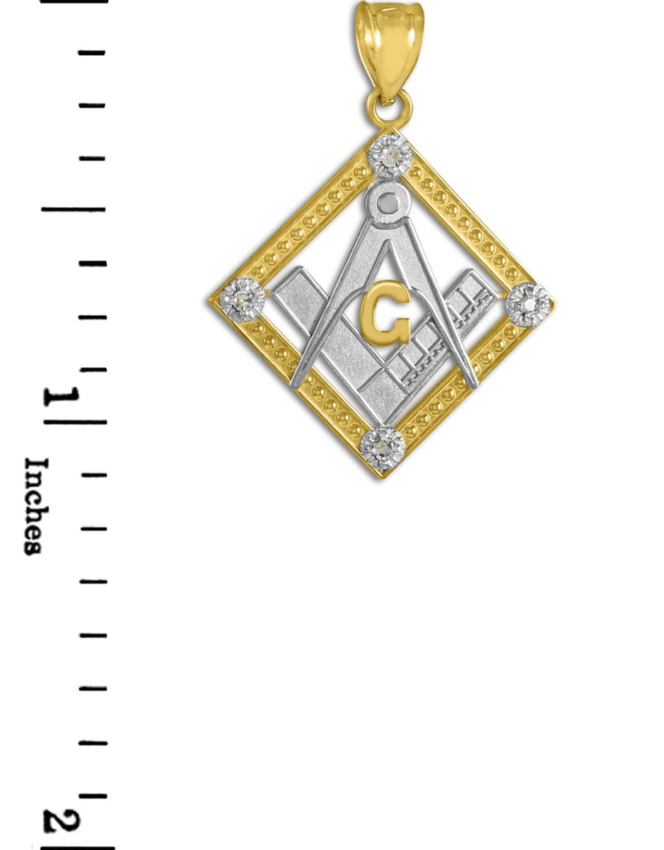 Two-Tone Gold Freemason CZ Square & Compass Diamond Shaped Pendant Necklace