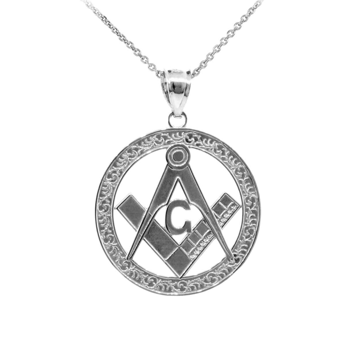 925 Sterling Silver Freemason Square & Compass Round Filigree Pendant Necklace