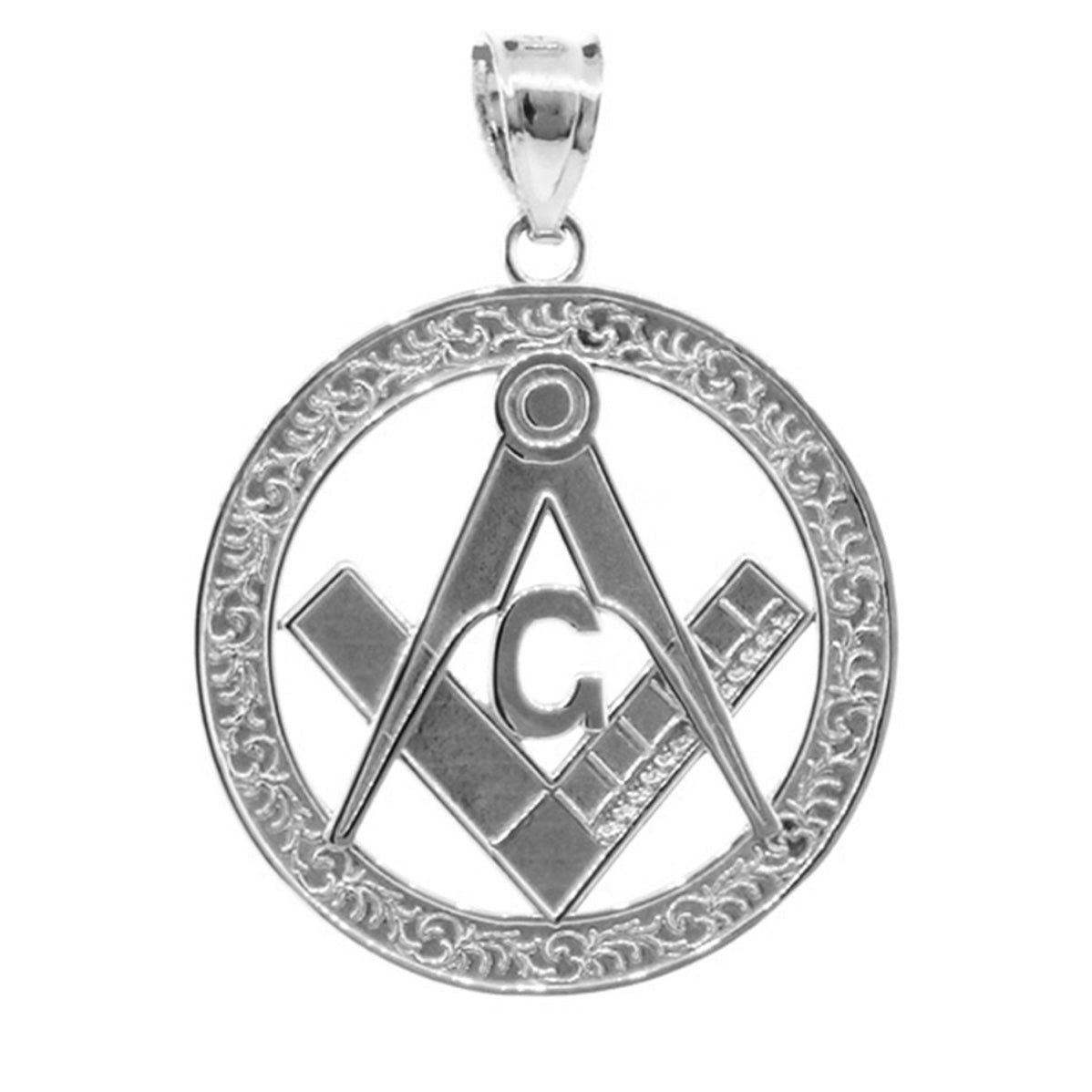 925 Sterling Silver Freemason Square & Compass Round Filigree Pendant Necklace