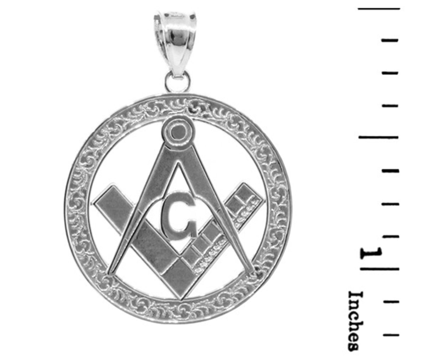 925 Sterling Silver Freemason Square & Compass Round Filigree Pendant Necklace