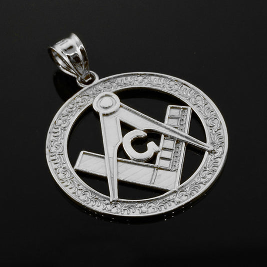 925 Sterling Silver Freemason Square & Compass Round Filigree Pendant Necklace