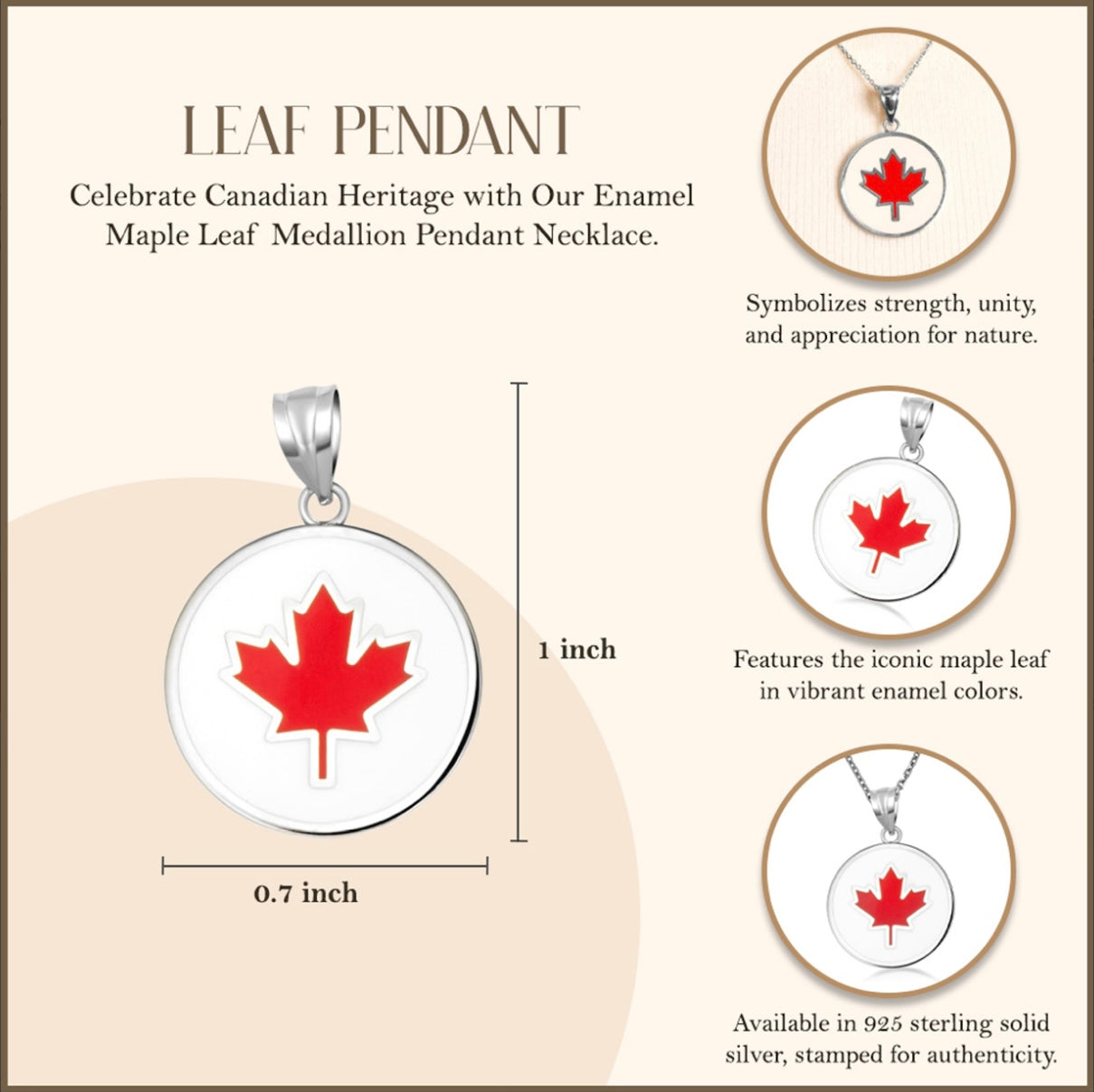 Sterling Silver Enamel Canadian Maple Leaf Medallion Pendant Necklace