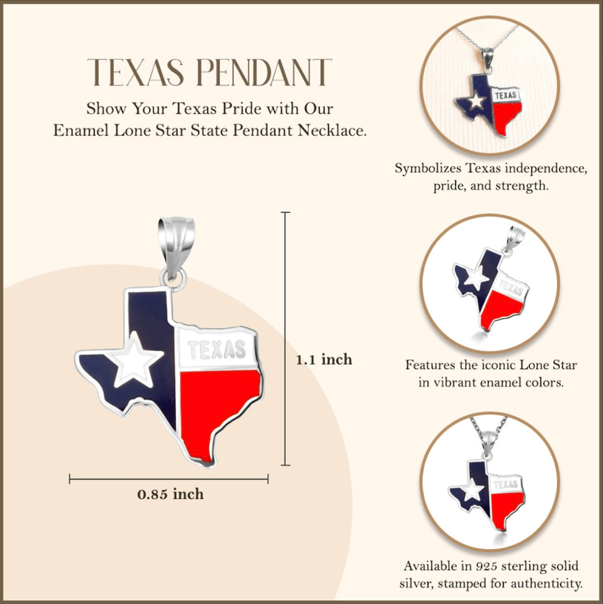 925 Sterling Silver Enamel Texas Lone Star State Pendant Necklace