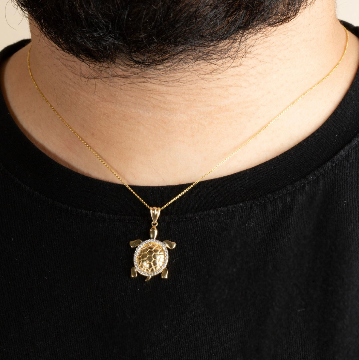 Gold Marine Sea Turtle Diamond Halo Pendant Necklace