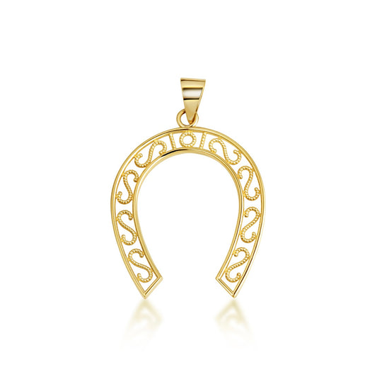 Gold Lucky Horseshoe Filigree Pendant Necklace