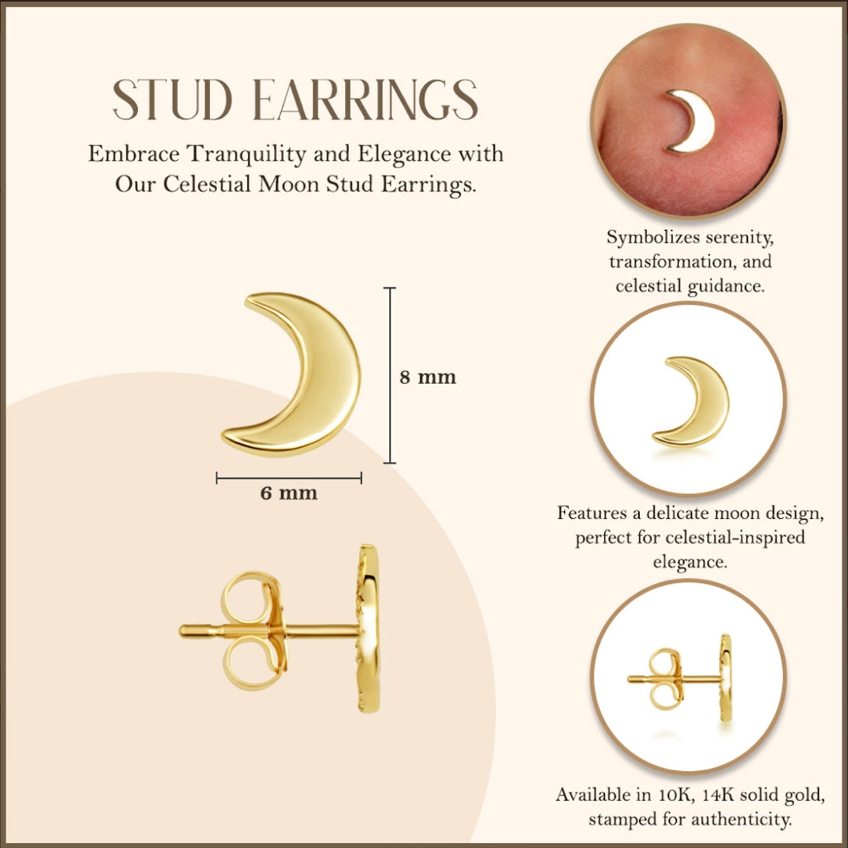 Yellow-Gold Celestial Moon Stud Earrings