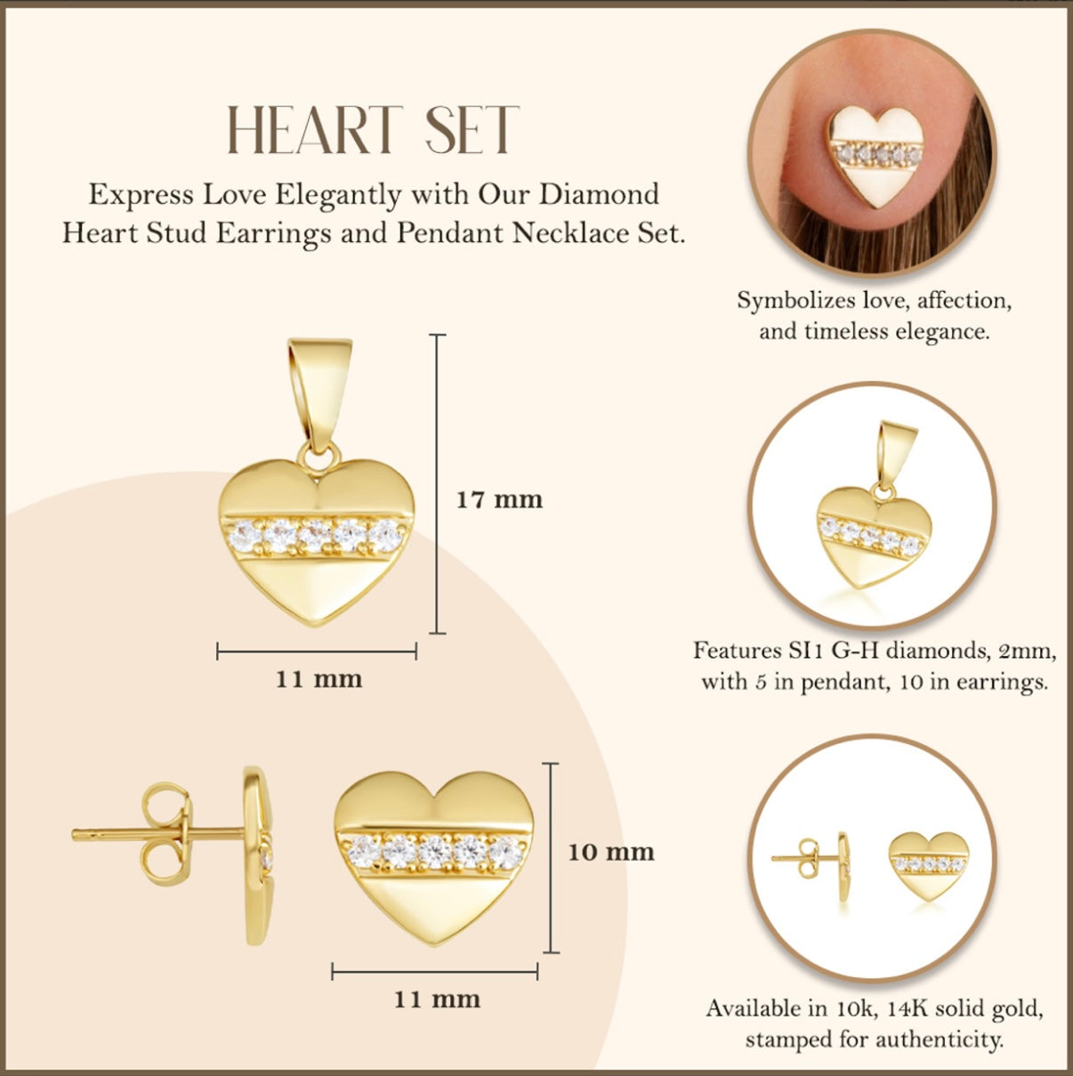 Gold Diamond Heart Stud Earrings  and Necklace