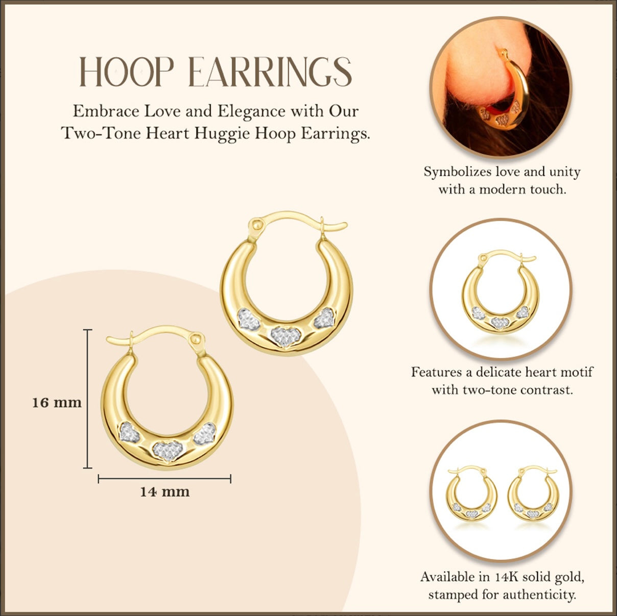 Two-Tone Gold Heart Huggie Hoop Earrings